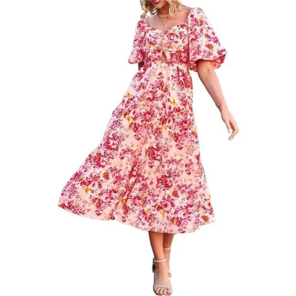 Dresses | Womens Summer Dress Flowy Square Neck Puff Short Sleeve Floral Long  Maxi Dress | Poshmark